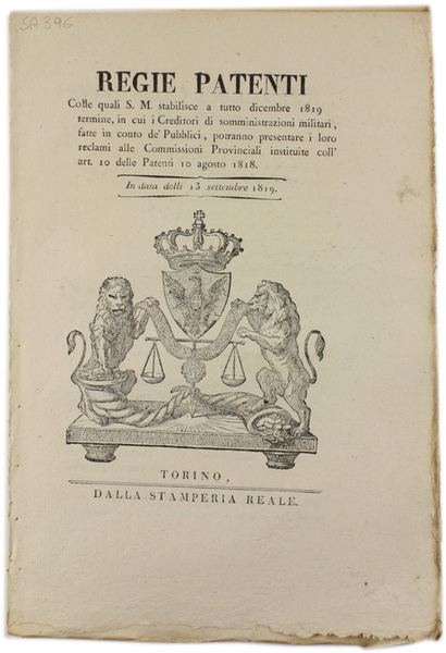 REGIE PATENTI Colle quali S.M. stabilisce a tutto dicembre 1819 …