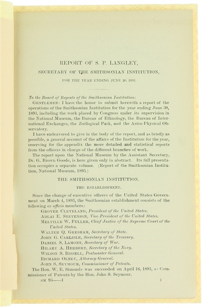 REPORT OF S.P.LANGLEY, SECRETARY OF THE SMITHSONIAN INSTITUTION, FOR THE …