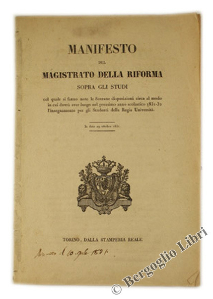MANIFESTO DEL MAGISTRATO DELLA RIFORMA SOPRA GLI STUDI col quale …