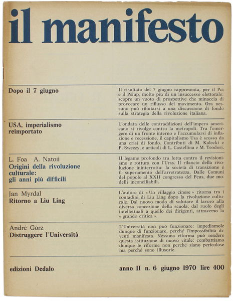 IL MANIFESTO. Anno II - n. 6, giugno 1970. Mensile …