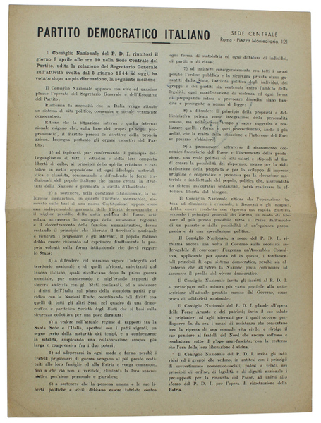 PARTITO DEMOCRATICO ITALIANO (mozione dell'8 aprile 1945). Documento originale.