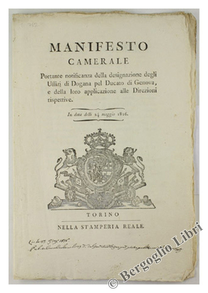 MANIFESTO CAMERALE portante notificanza della designazione degli Uffizj di Dogana …