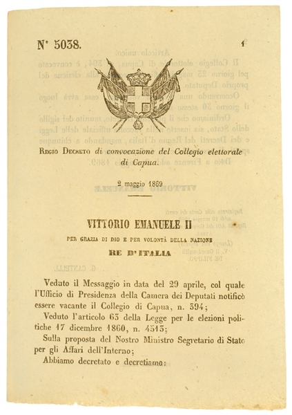 REGIO DECRETO 2 MAGGIO 1869: Convocazione del Collegio Elettorale di …