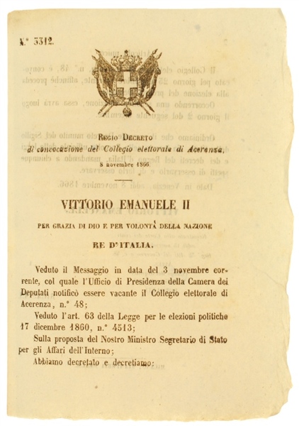 REGIO DECRETO 8 Novembre 1866: Convocazione del Collegio Elettorale di …