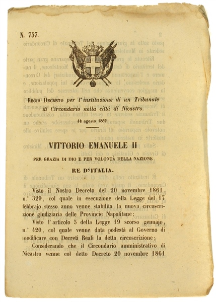 REGIO DECRETO 14 Agosto 1862: instituzione di un Tribunale di …