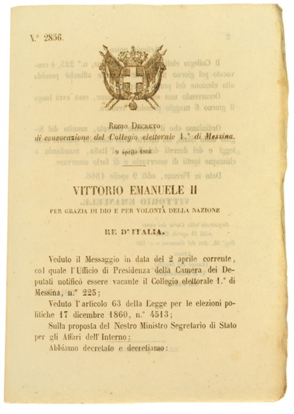 REGIO DECRETO 9 APRILE 1866: Convocazione del Collegio elettorale 1° …