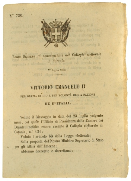 REGIO DECRETO 27 Luglio 1862: Convocazione del Collegio elettorale di …