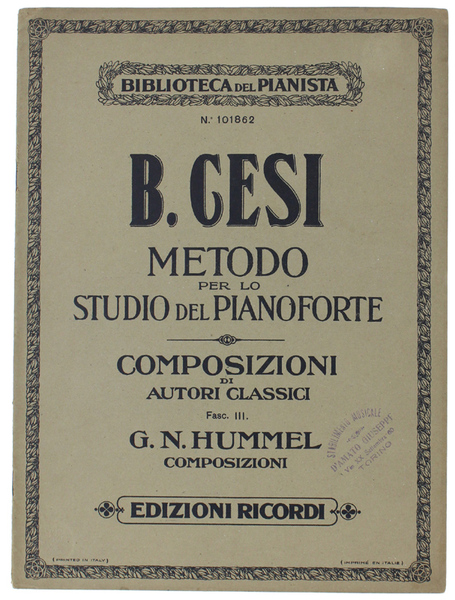 METODO PER LO STUDIO DEL PIANOFORTE. COMPOSIZIONI FACILI DI G.N.HUMMEL: …