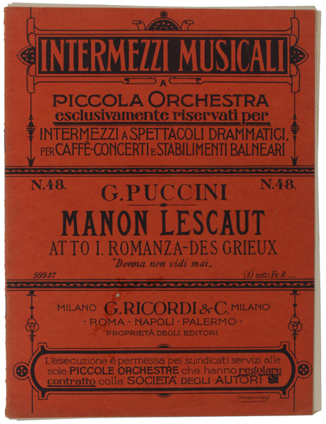 MANON LESCAUT - Atto I - Romanza Des Grieux. Riduzione …