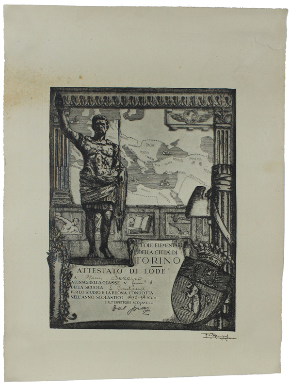 ATTESTATO DI LODE 5a CLASSE SCUOLA "FERRANTE APORTI" TORINO 1938-39