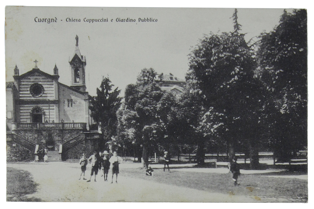 CUORGNE'. Chiesa Cappuccini e Giardino Pubblico. Cartolina viaggiata 1942