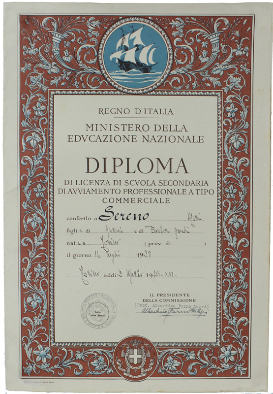 DIPLOMA DI LICENZA DI SCUOLA SECONDARIA - TORINO 1943
