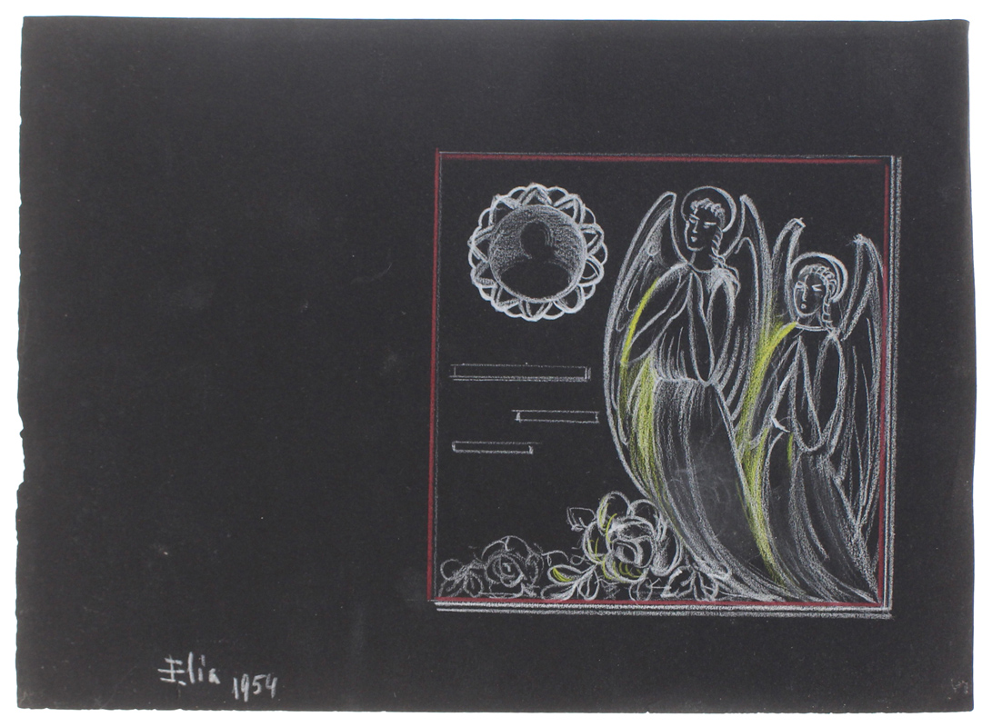 DISEGNO SU CARTONCINO NERO "Due Angeli" cm 32x23 Firmato "Elia …