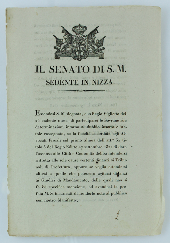 IL SENATO DI S.M. SEDENTE IN NIZZA. Essendosi S.M. degnata, …