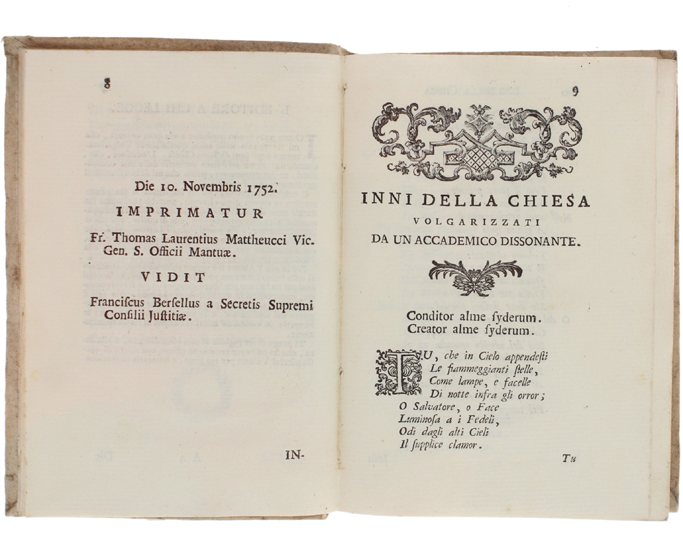 INNI DELLA CHIESA VOLGARIZZATI DA UN ACCADEMICO DISSONANTE, e dedicati …