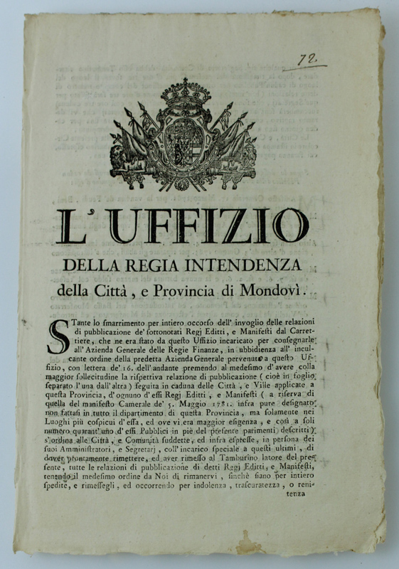 L'UFFIZIO DELLA REGIA INTENDENZA della Città, e Provincia di Mondovì. …