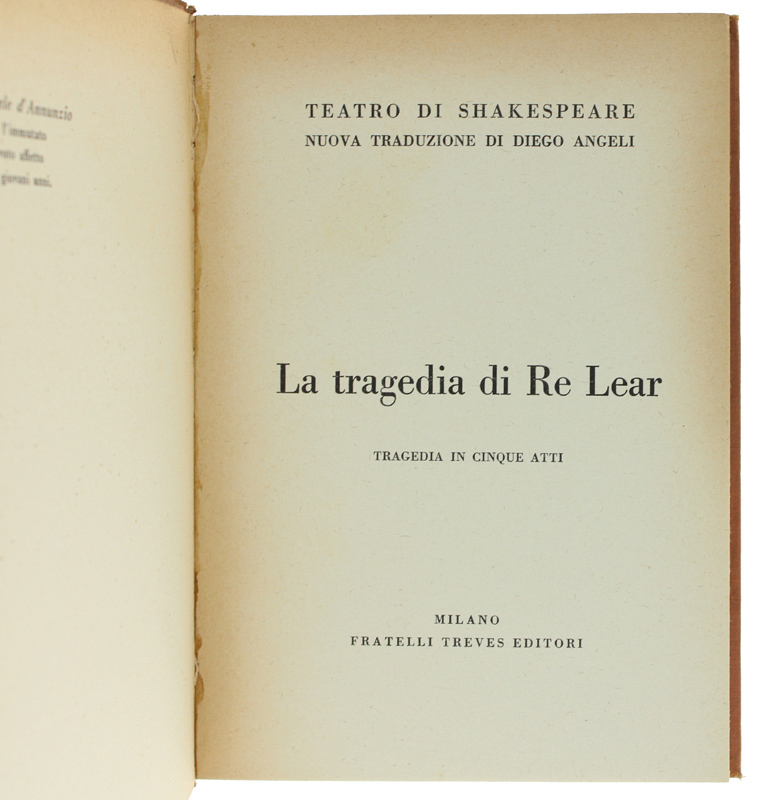 LA TRAGEDIA DI RE LEAR - Tragedia in cinque atti. …
