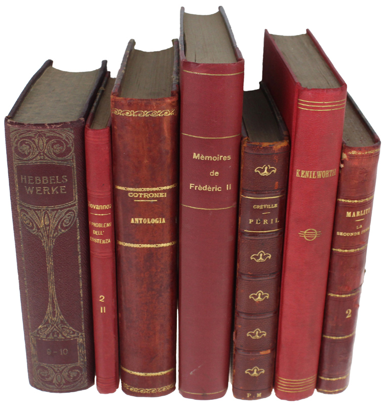 LIBRI ANTICHI con DORSI ROSSI: lotto di 7 volumi con …