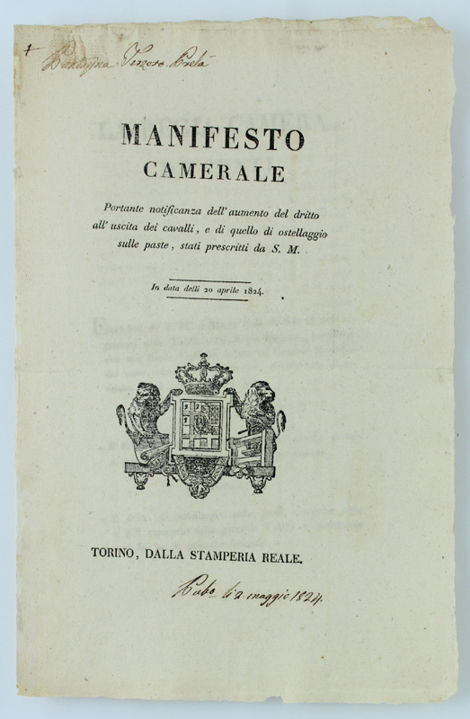 MANIFESTO CAMERALE portante notificanza dell'aumento del dritto all'uscita dei cavalli, …