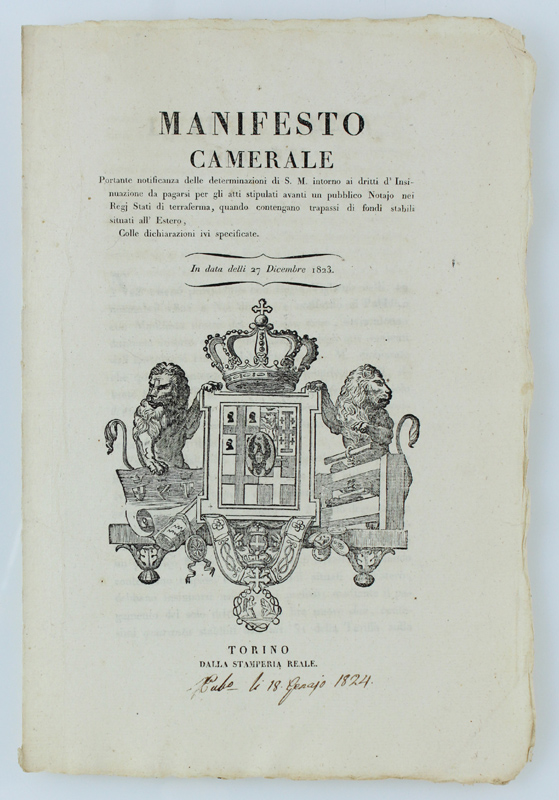 MANIFESTO CAMERALE Portante notificanza delle determinazioni di S.M.intorno ai drittti …