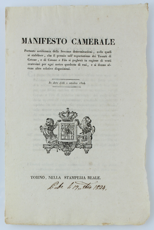 MANIFESTO CAMERALE Portante notificanza delle Sovrane determinazioni, colle quali si …