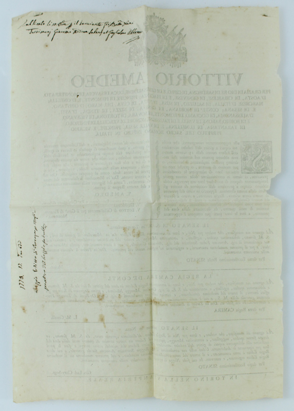MANIFESTO del 1773: misura 47x23 cm. Con emblema sabaudo. Strappetti, …
