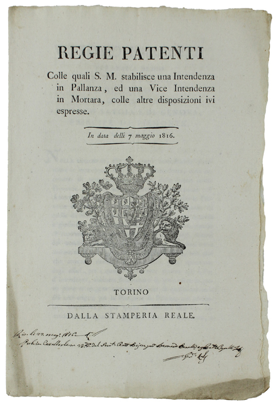 REGIE PATENTI Colle quali S.M. stabilisce una Intendenza in Pallanza, …
