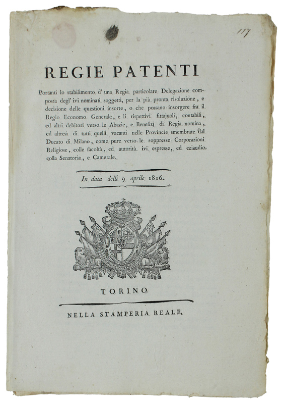 REGIE PATENTI Portanti lo stabilimento d'una Regia particolare Delegazione composta …