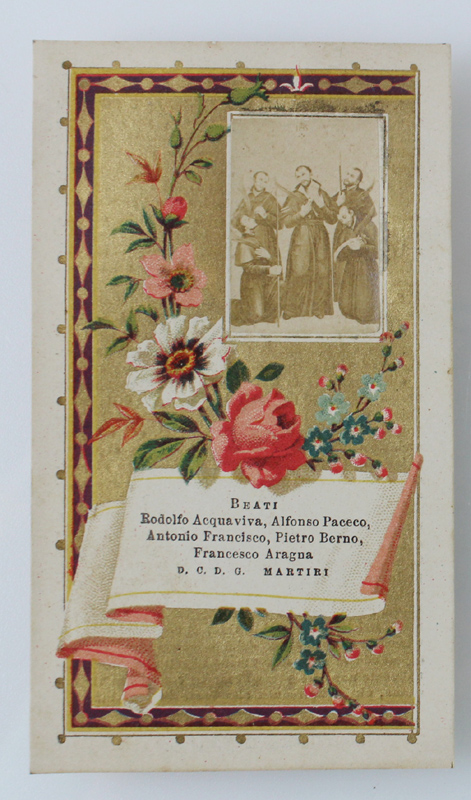 Santino "Beati Rodolfo Acquaviva, Alfonso Paceco. D.C.D.G. Martiri" (mm 118x67)
