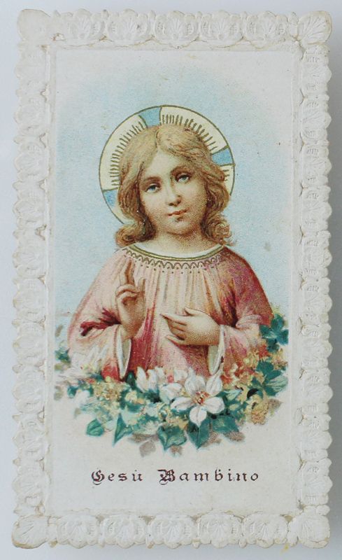 Santino "GESU' BAMBINO" Cromolito, bordi trinati, datato 1898 (mm 90x52) …