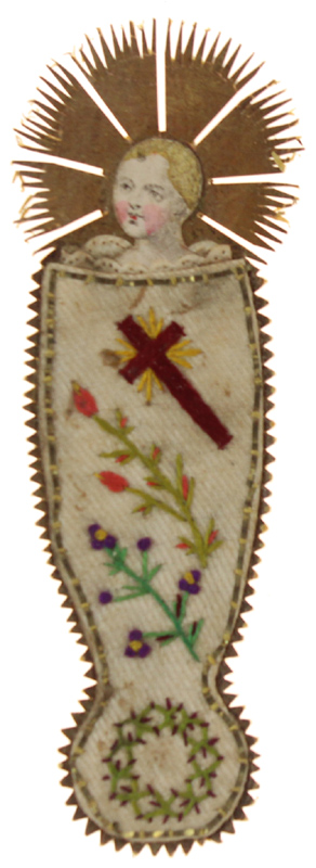 Santino. Gesù in fasce: ricamo su stoffa, bordi a festoni …