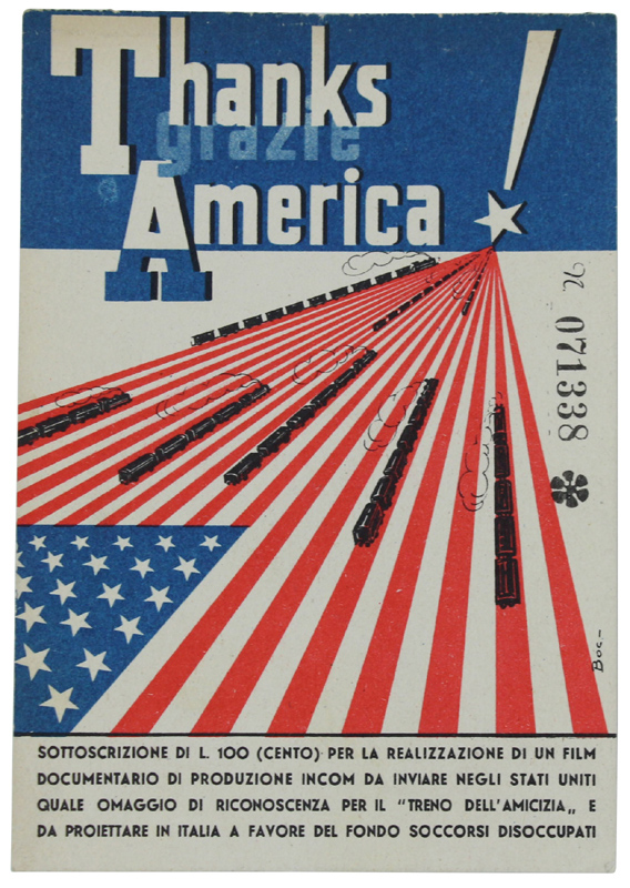 THANKS AMERICA! Cartolina pubblicitaria, sottoscrizione per il documentatio "Treno dell'Amicizia"