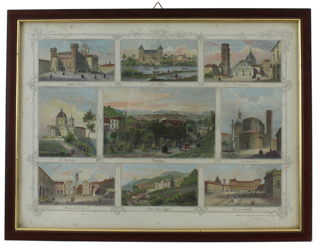 TORINO: 9 vedute a colori - Stampa antica con cornice …