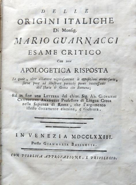 Delle origini italiche. Di Monsig. Mario Guarnacci. Esame critico con …