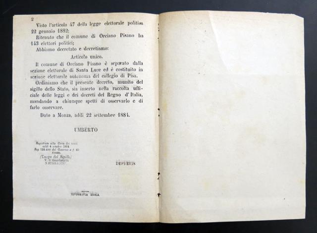 Regio Decreto che costituisce il comune di Orciano Pisano in …