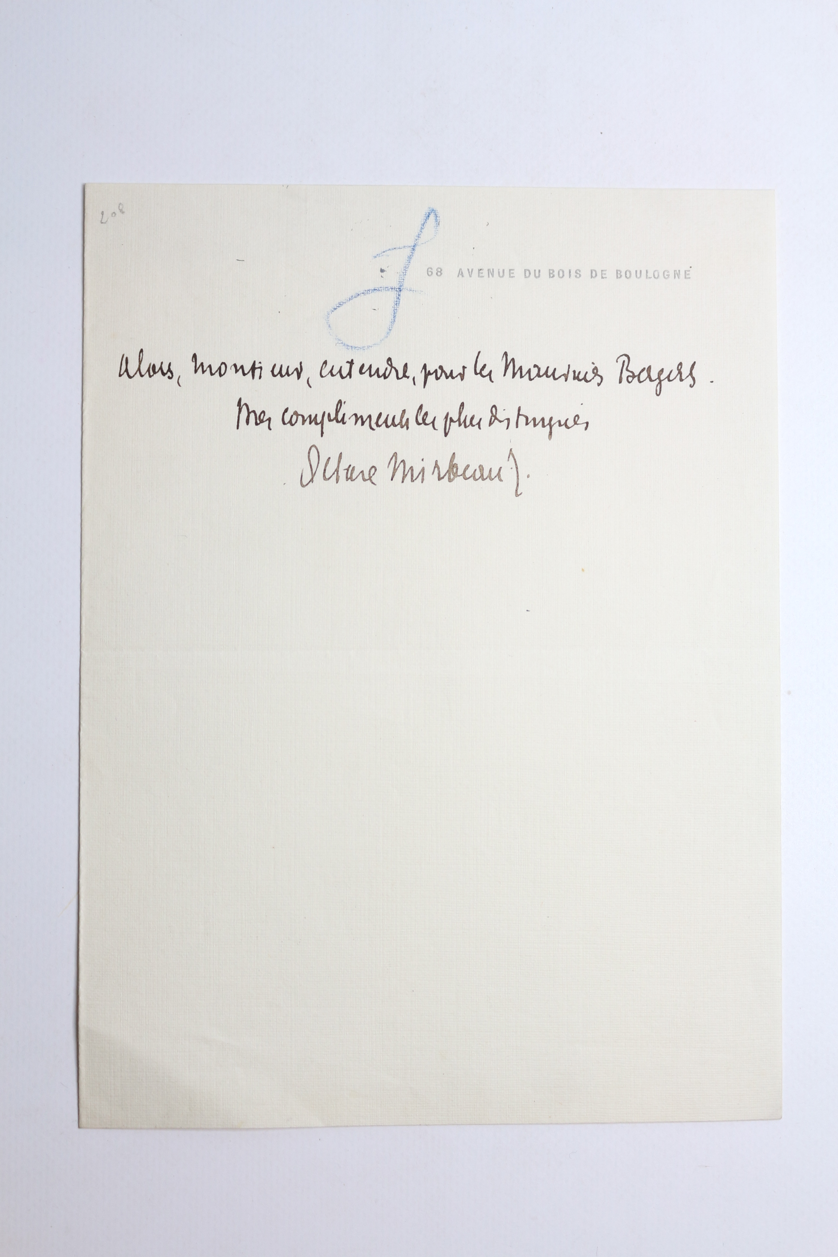 Monsieur, entendu, pour les Mauvais Bergers • Billet autographe signé …