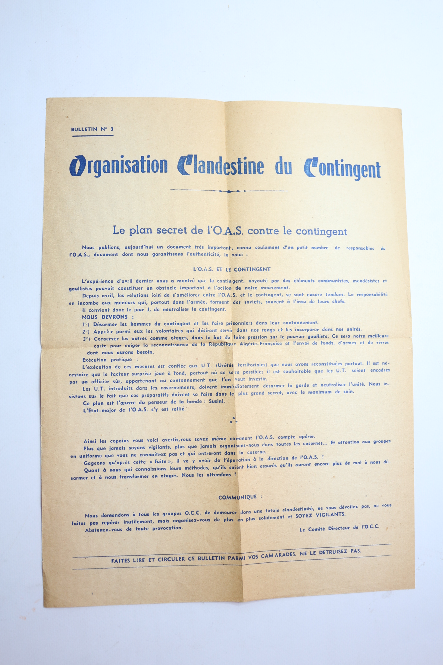 Bulletin N°3 de l'Organisation Clandestine du Contigent : Le plan …