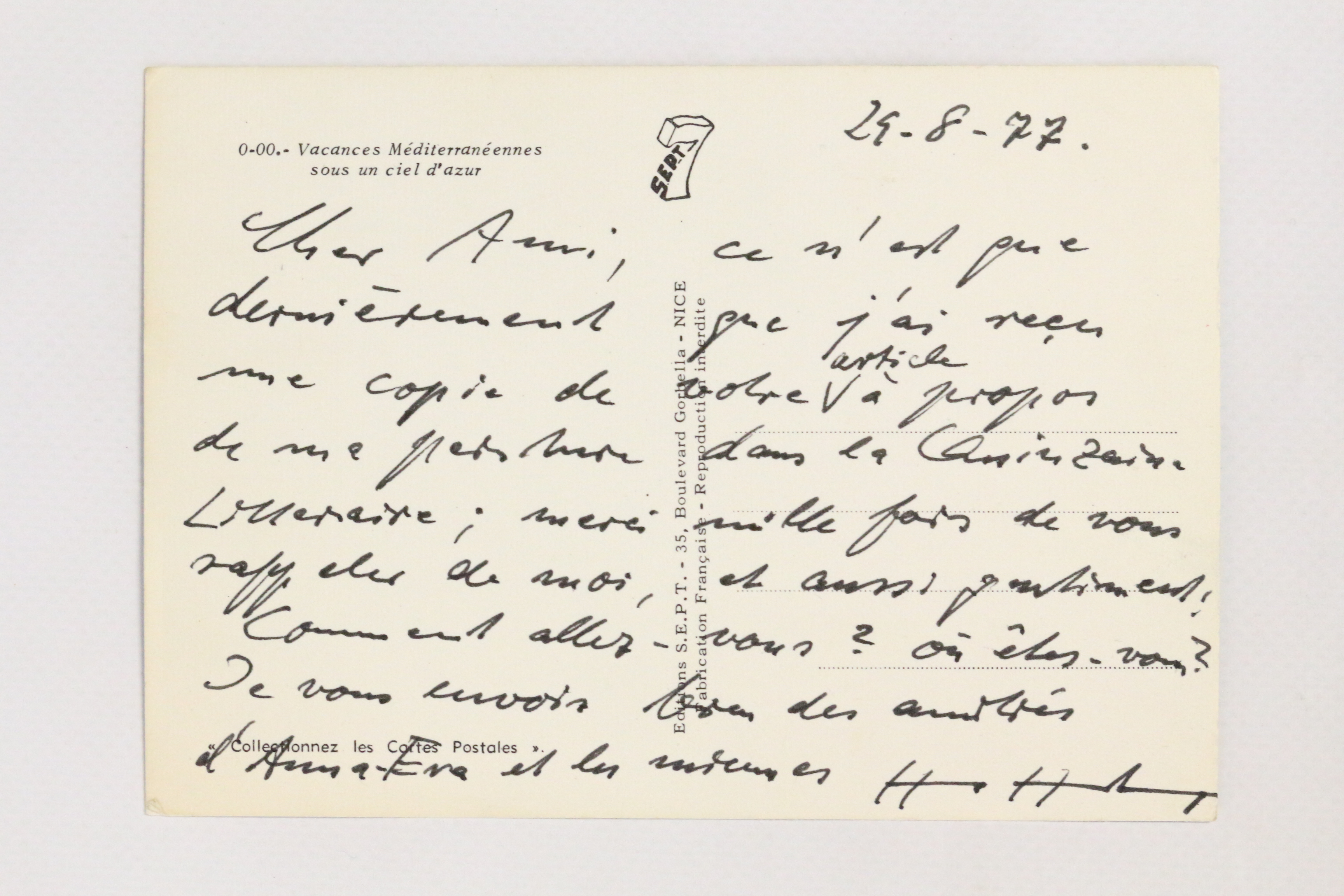 Carte postale autographe adressée à Georges Raillard