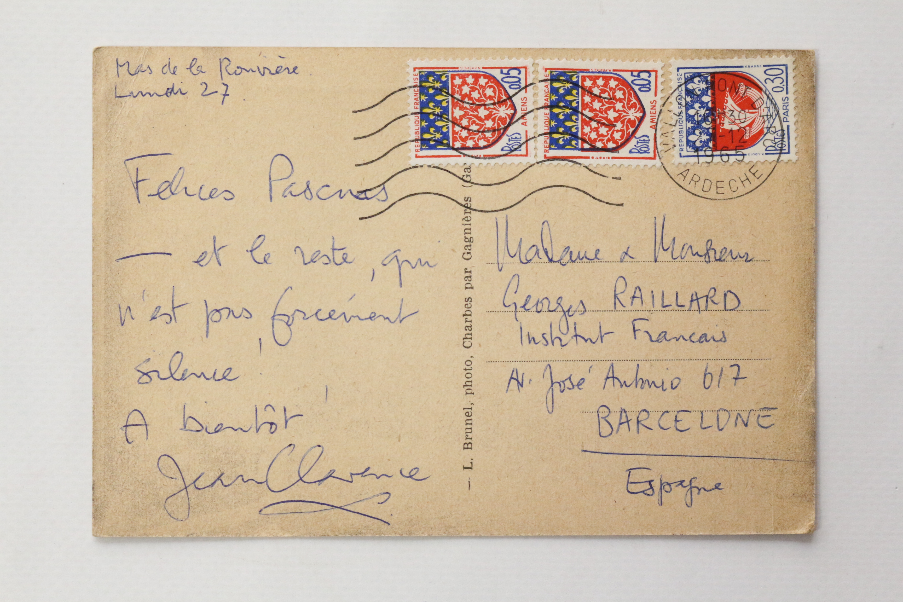 Carte postale autographe signée adressée à Georges Raillard