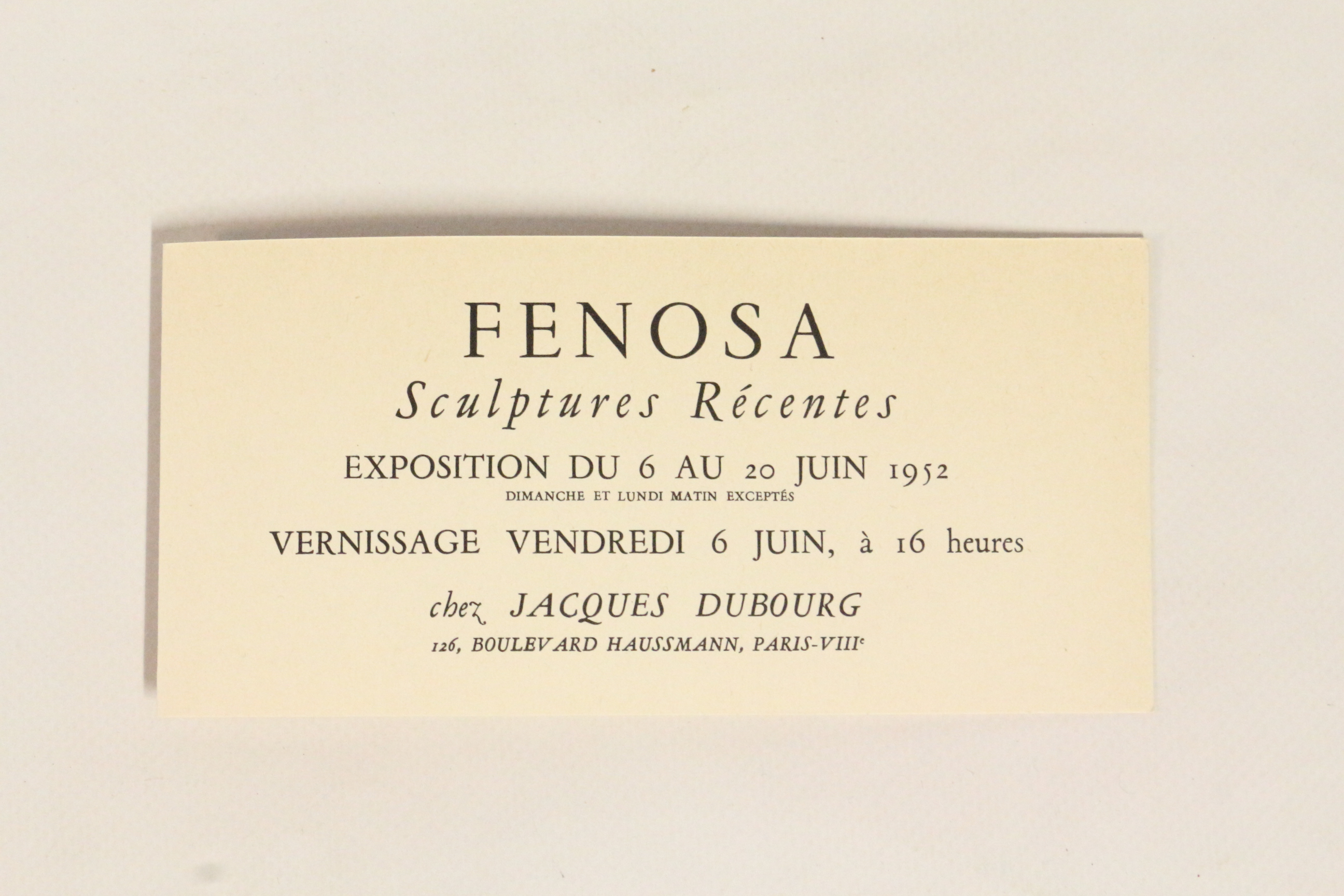 Carton d'invitation à l'exposition des sculptures récentes de Fenosa