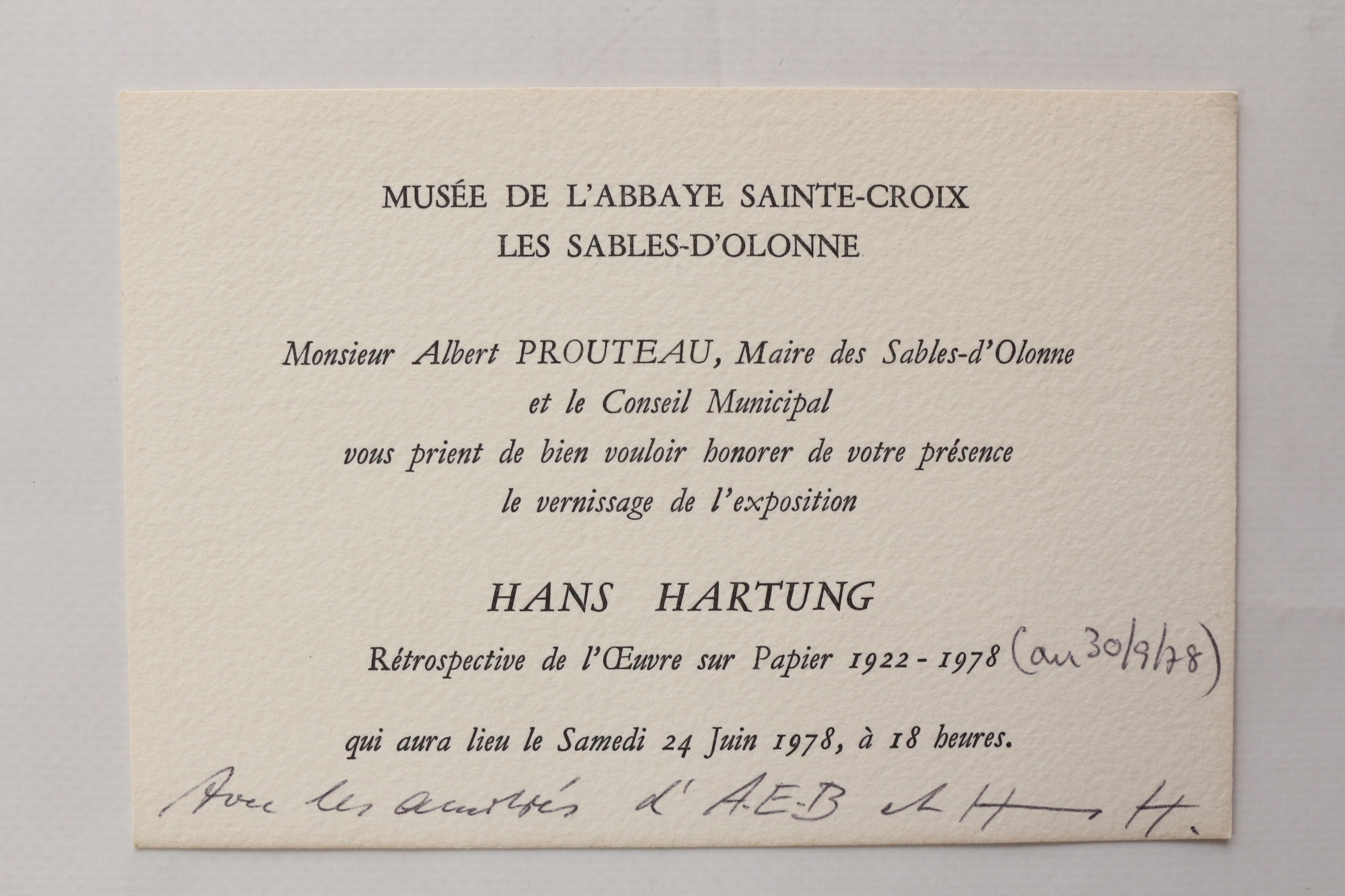 Carton d'invitation signé par Hans Hartung à l'inauguration de la …