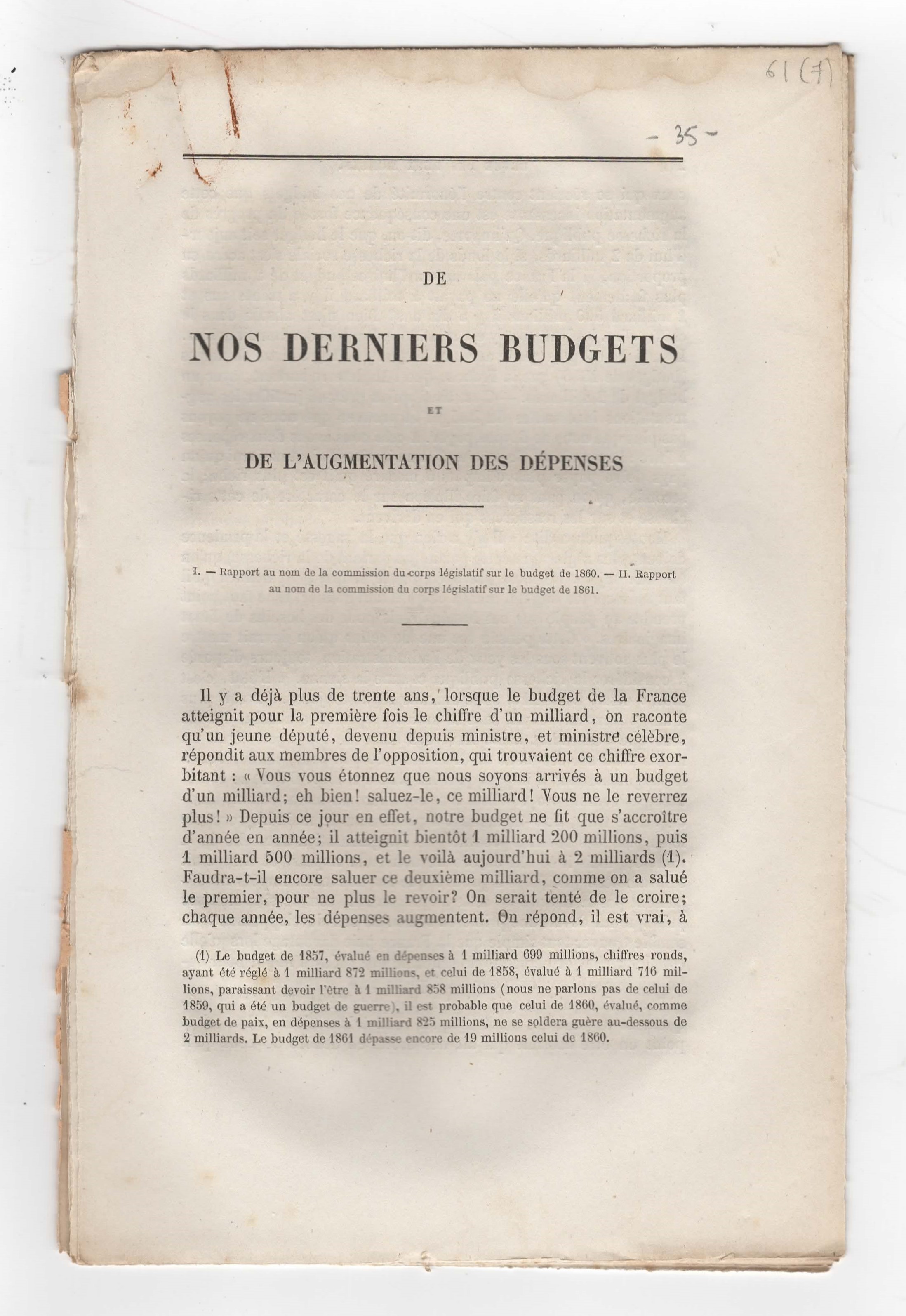 De nos derniers budgets et de l'augmentation des dépenses. Extrait …