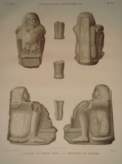 DESCRIPTION DE L'EGYPTE. Collection d'antiques. Figure en granit noir, Fragments …