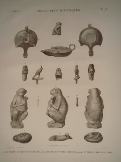 DESCRIPTION DE L'EGYPTE. Collection d'antiques. Lampe et figure en bronze, …