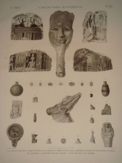 DESCRIPTION DE L'EGYPTE. Collection d'antiques. Toiles peintes, Masque en bois, …