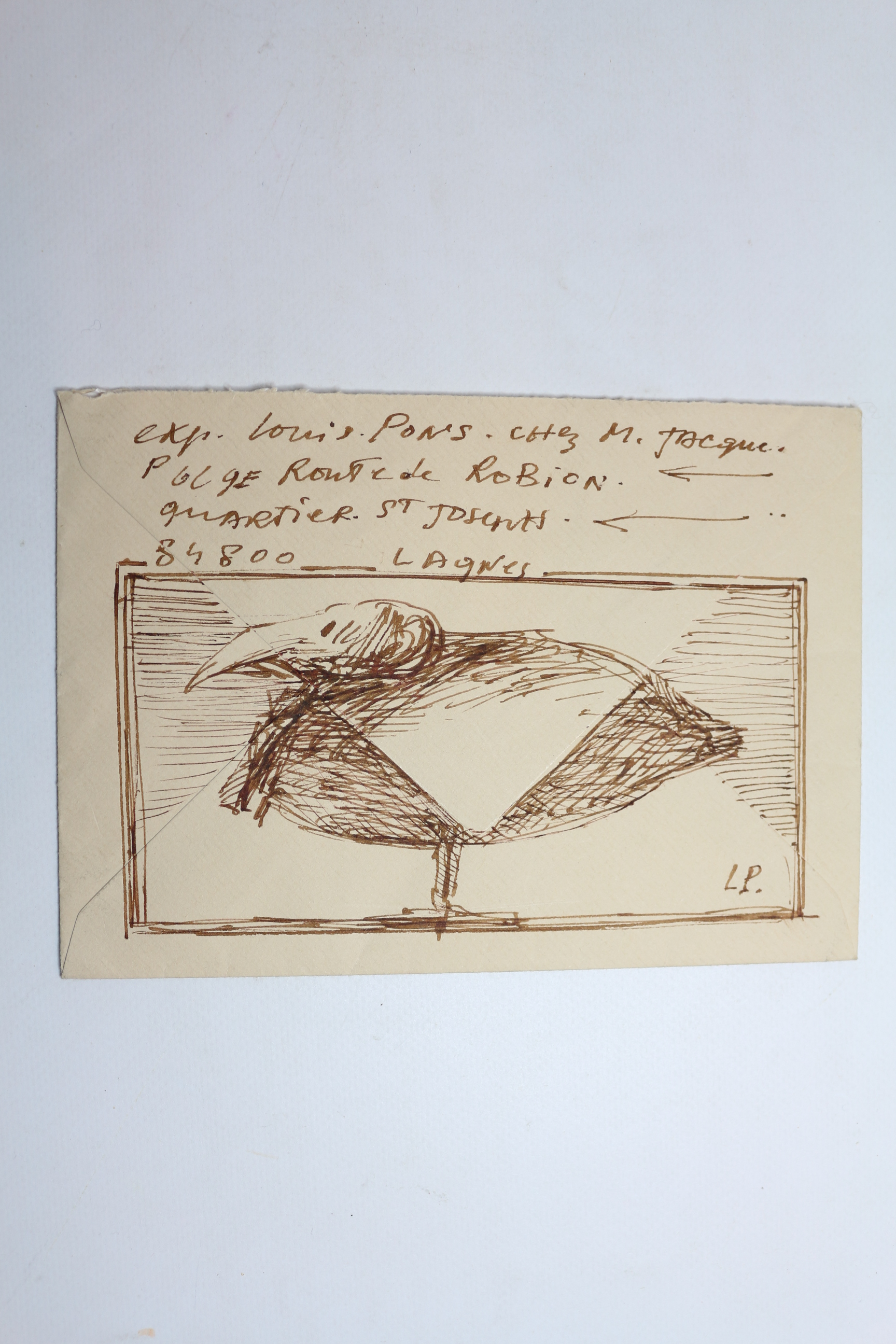 Enveloppe manuscrite envoyée à son ami Georges Raillard enrichie d'un …