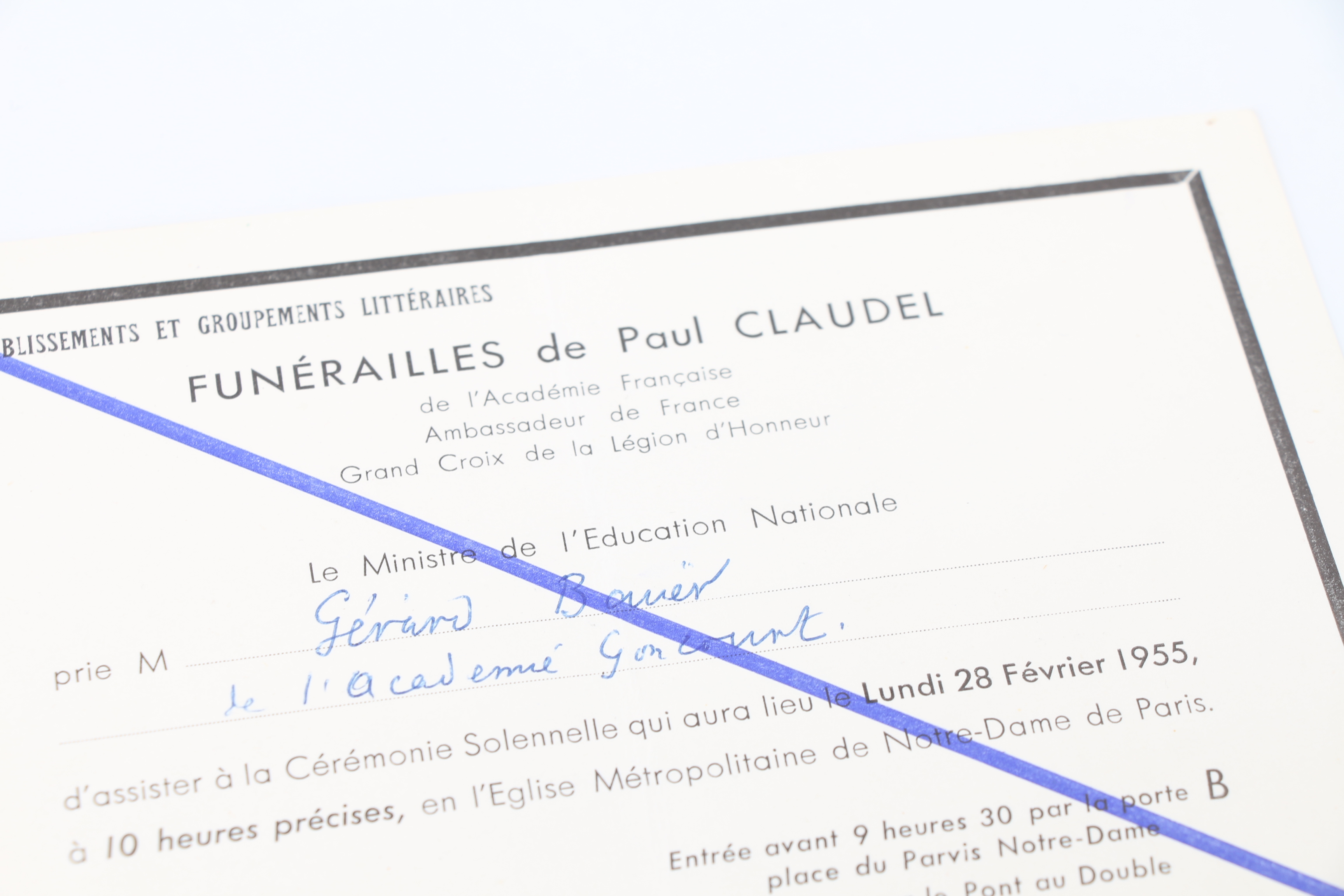 Invitation nominative aux funérailles de Paul Claudel le Lundi 28 …