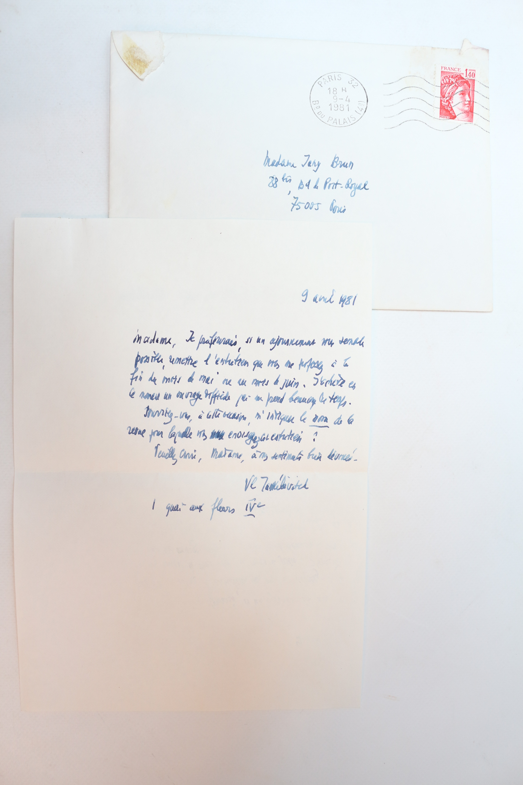 Lettre autographe datée, signée et adressée à Jani Brun depuis …