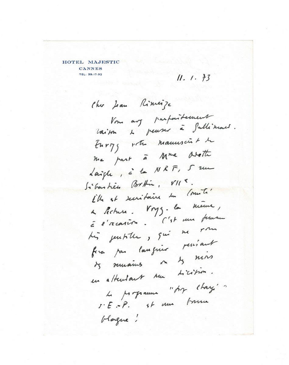 Lettre autographe datée, signée et adressée à Jean Rimeize