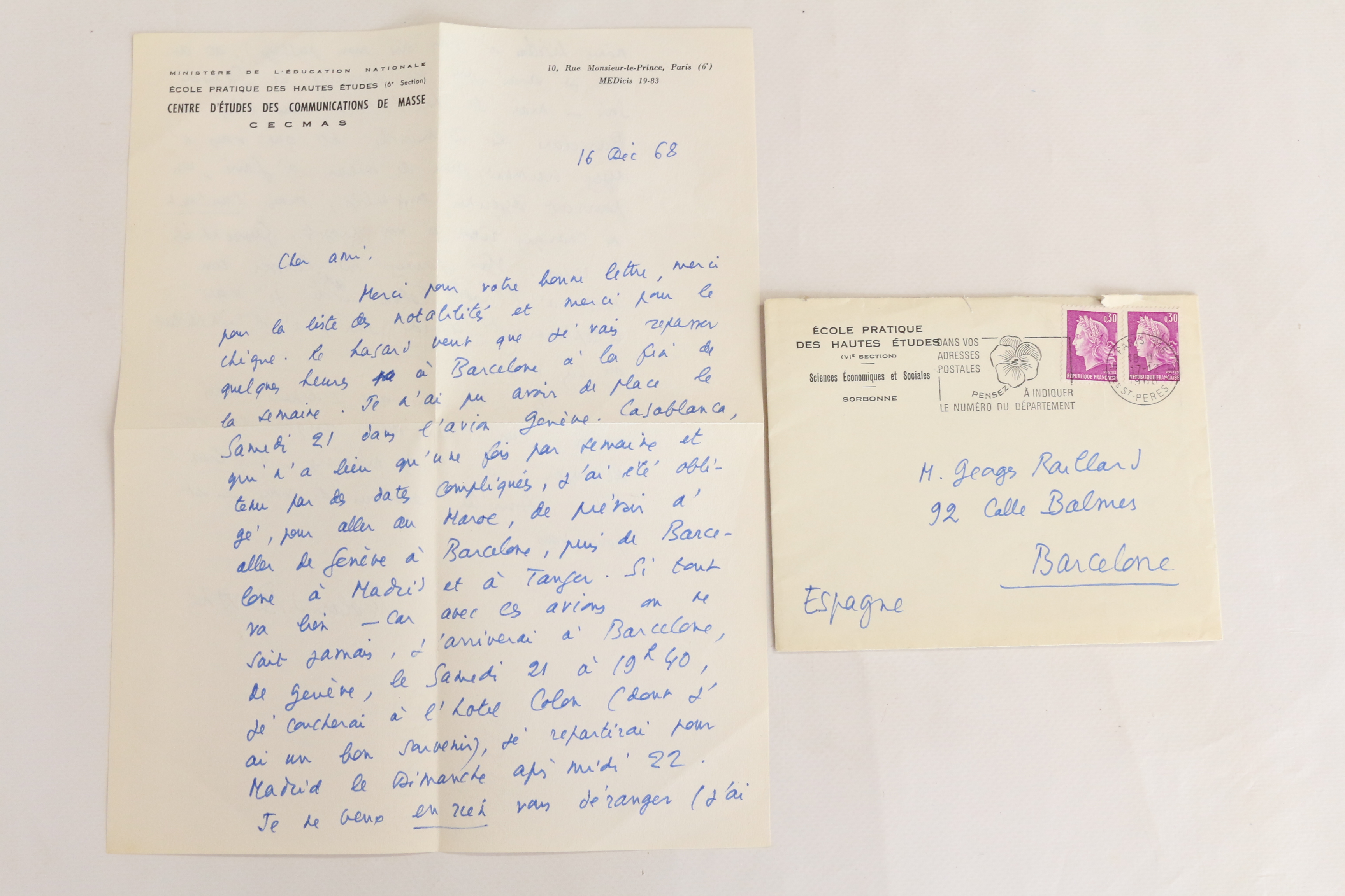 Lettre autographe signée à Georges Raillard